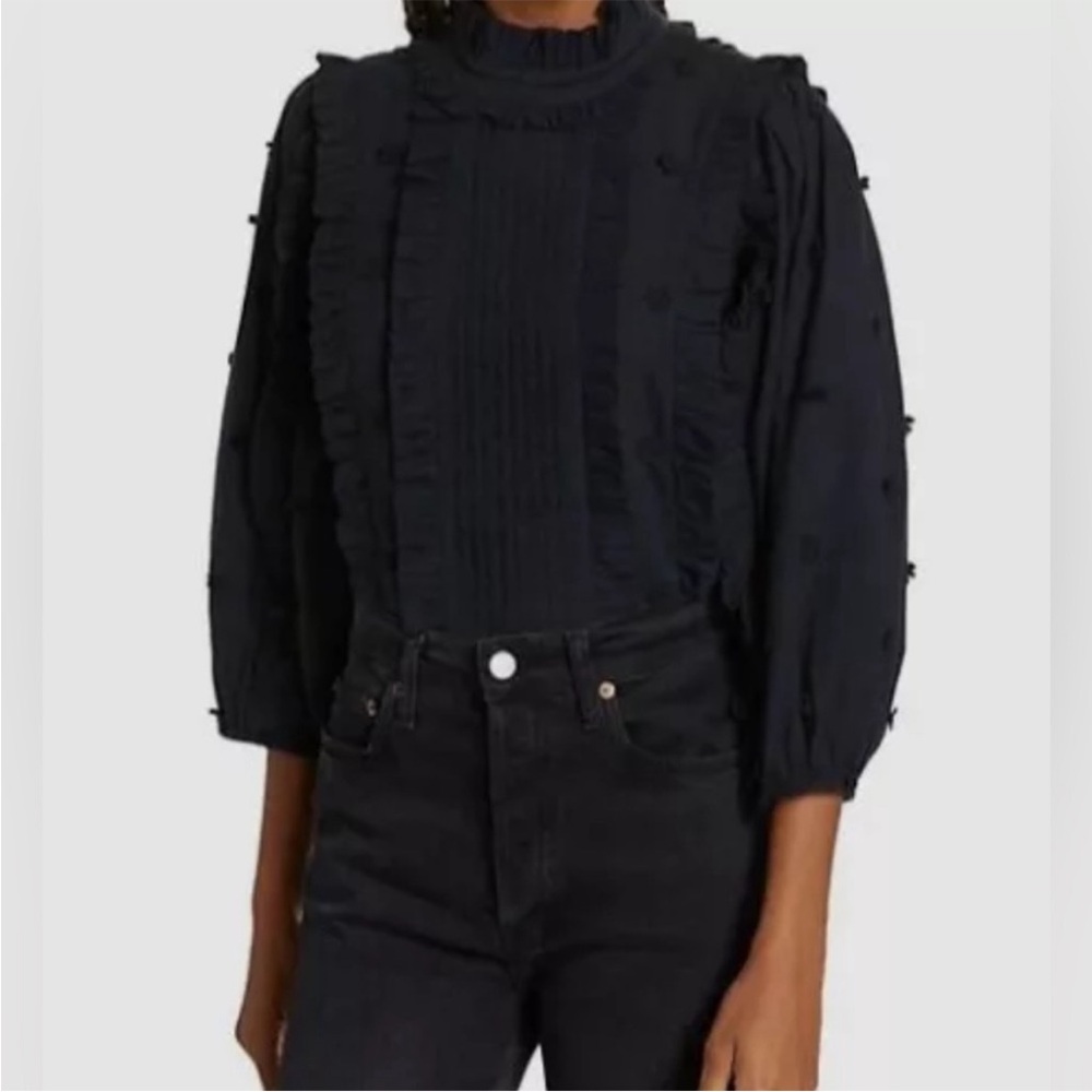 NWT FARM RIO black ruffle blouse with puffy sleeves and flower detail, M